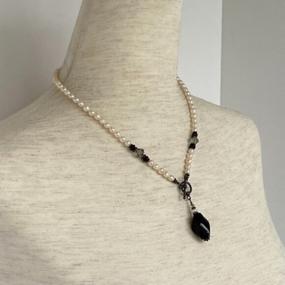 Pearl 18" Sterling Silver Front Rope Toggle Necklace Black Nephrite Jade Pendant - Picture 15 of 16
